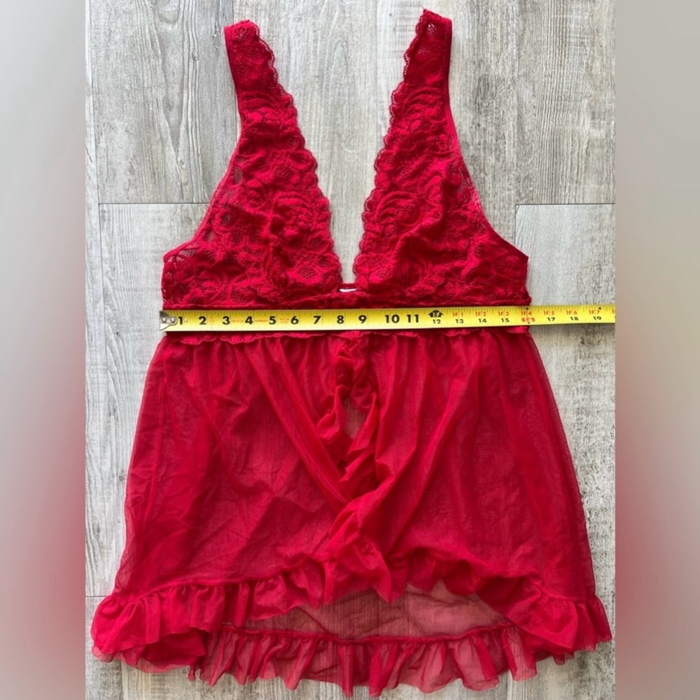 Red Sheer Lace Babydoll Lingerie Nightie Tie Front Ruffle Trim Medium - Picture 5 of 6